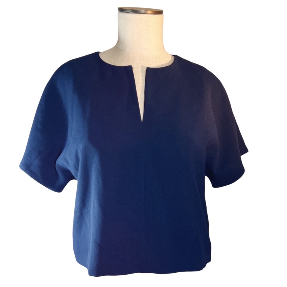 J. Crew 365 Cropped Crepe Split Neck Top Sz 6 Navy Blue Corporatecore Office